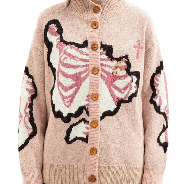 Blush Pink Stand-Collar Cardigan With Butterfly Skeleton Print