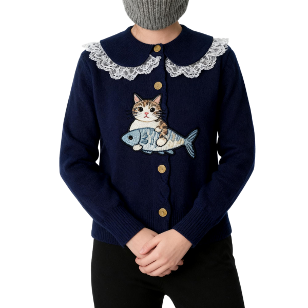 Navy Lace Collar Cat & Fish Embroidered Cardigan