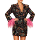 Black Multicolor Floral Blazer Dress With Pink Feather Cuffs