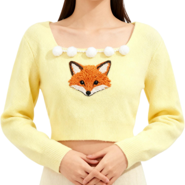 Yellow Square-Neck Crop Sweater With Fox Embroidery & Pom-Pom Trim