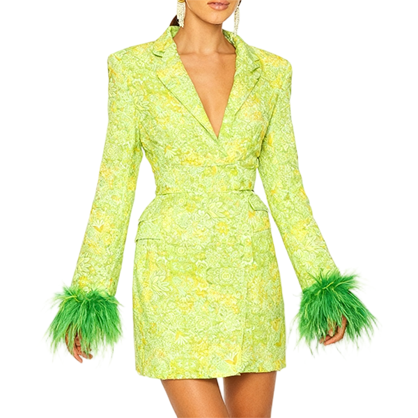 Lime Green Floral Blazer Dress With Feather Cuffs