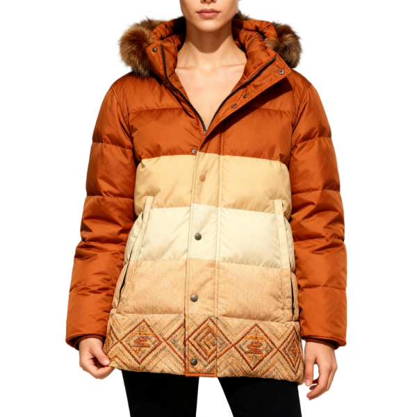 Terracotta & Beige Color-Block Hooded Puffer Jacket