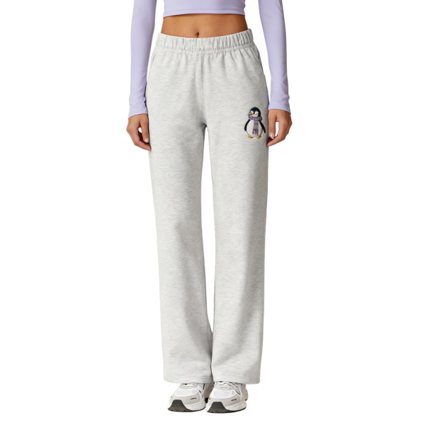Heathered Gray Wide-Leg Sweatpants With Scarf Penguin Embroidery