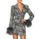 Black & White Floral Blazer Dress With Gray Feather Cuffs