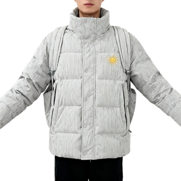 Gray Striped Stand-Collar Puffer Jacket With Sun Embroidery