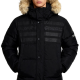 Black Faux Fur Hooded Puffer Jacket With Textured Stripes