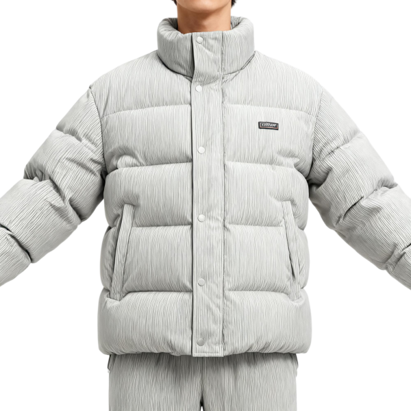 Light Gray Ribbed Stand-Collar Puffer Jacket