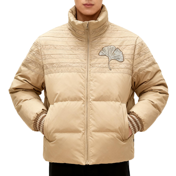 Beige Stand-Collar Puffer Jacket With Ginkgo Embroidery