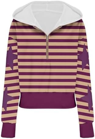 Women Casual Stripe Star Print Hooded Sweatshirt Zipper Long Sleeve Hoodie Top Plain Pullover Sweatshirt