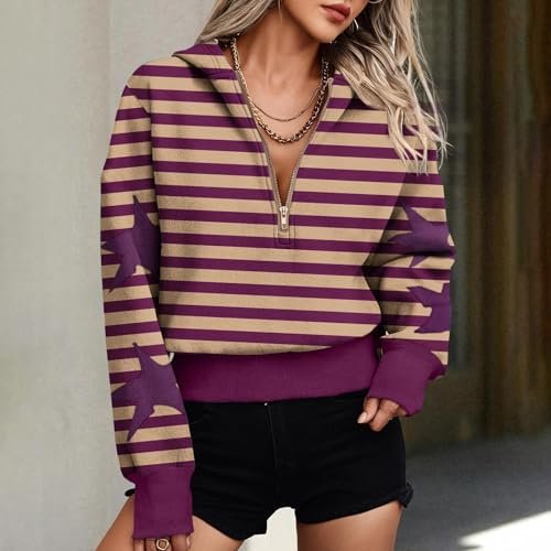 Women Casual Stripe Star Print Hooded Sweatshirt Zipper Long Sleeve Hoodie Top Plain Pullover Sweatshirt
